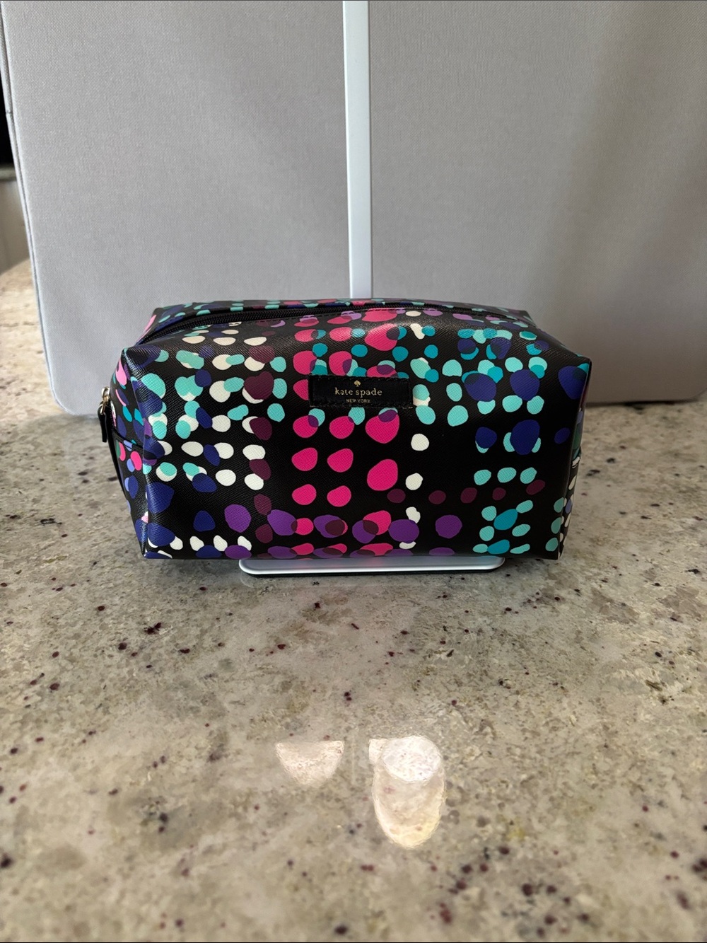 kate spade Black Cosmetic Pouch with Teal, Pink, Purple & White Dots